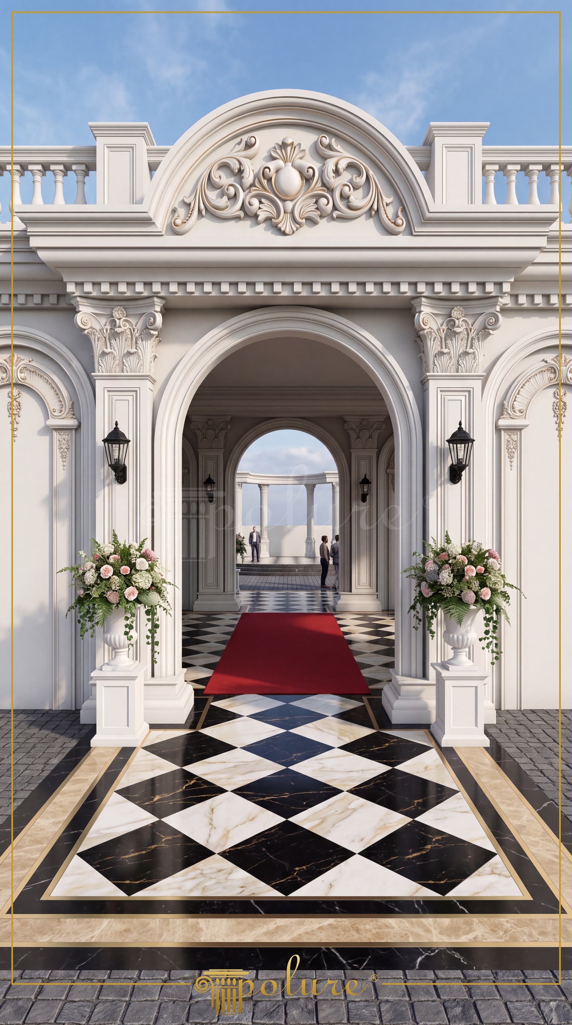 Poliüretan pilaster sütun, kavisli kemer söve ve taç modelleriyle tasarlanmış neo klasik dış cephe kapı girişi.