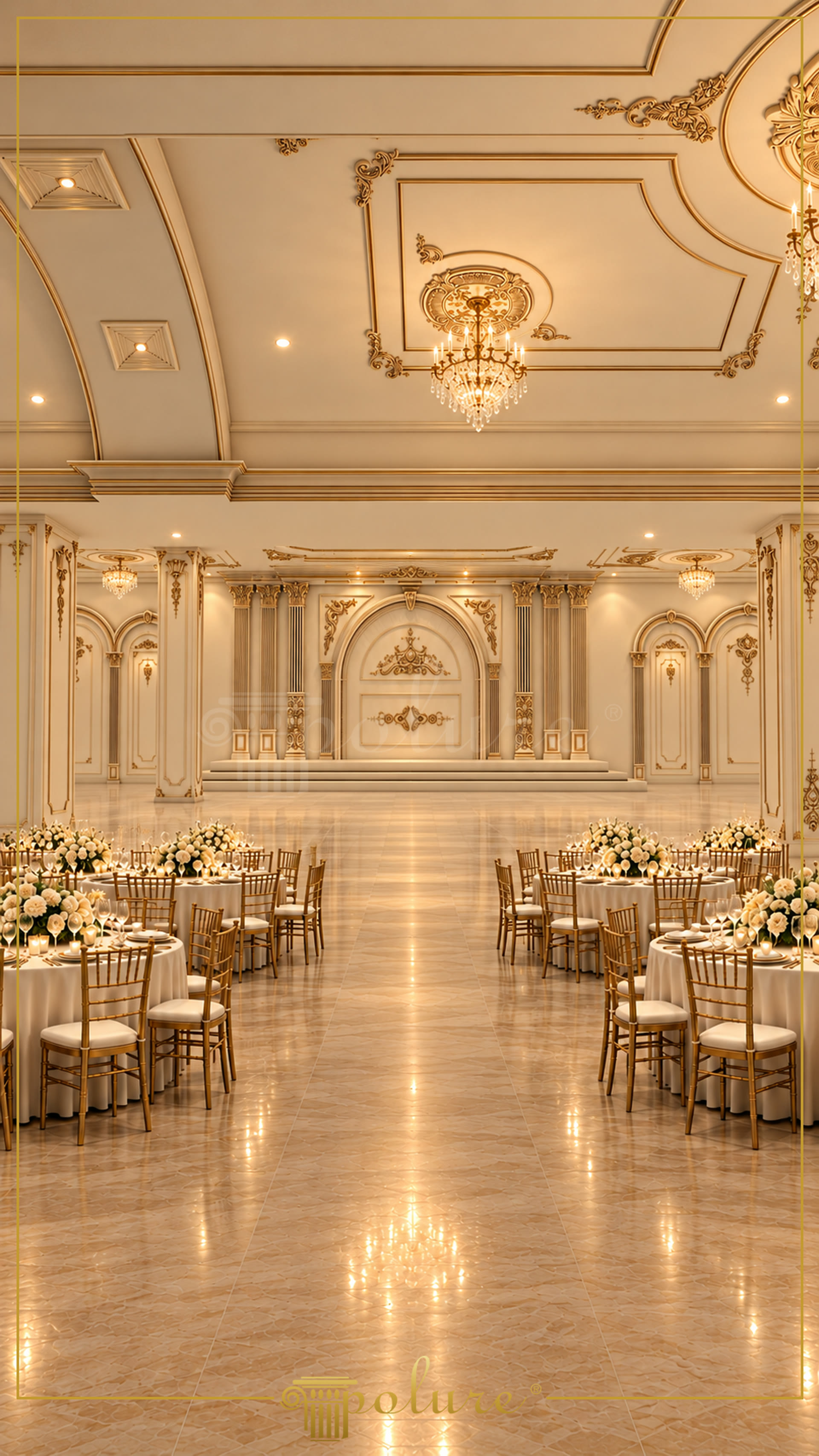 Krem ve altın detaylı klasik düğün salonunda poliüretan kemerler, sütunlar, kartonpiyerler, sahne ve kristal avizeler.