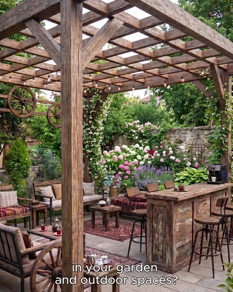 Dış mekan oturma alanında pergola kirişleri ve sarmaşık süslemesi