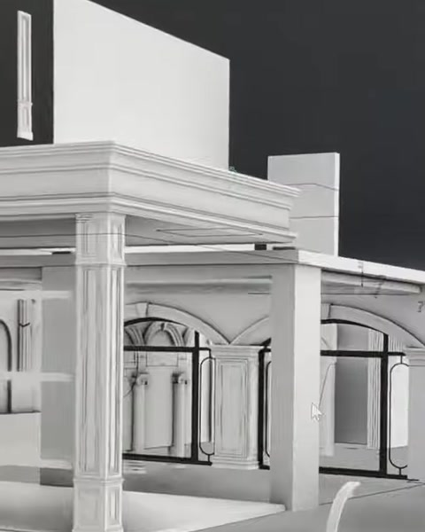Sütunlar ve kemerli açıklıklarla hazırlanan dış cephe 3D modeli