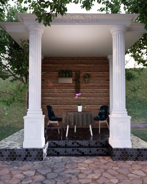 Pergola altında masa sandalyelerle dekore edilmiş oturma alanı