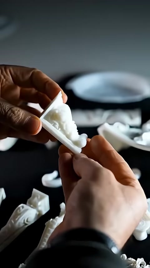 Elde incelenen küçük beyaz payandanın kıvrımlı yüzey detayları görülüyor