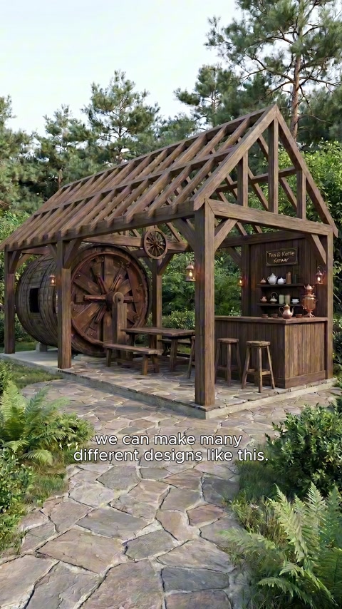 Rustik pergola, fıçı formu, oturma alanı ve servis tezgâhı