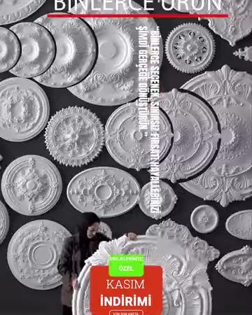 Çeşitli boyut ve desenlerde dekoratif tavan göbekleri sergileniyor