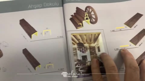 Katalog sayfası kiriş modellerini ve dekoratif uygulama örneklerini gösteriyor