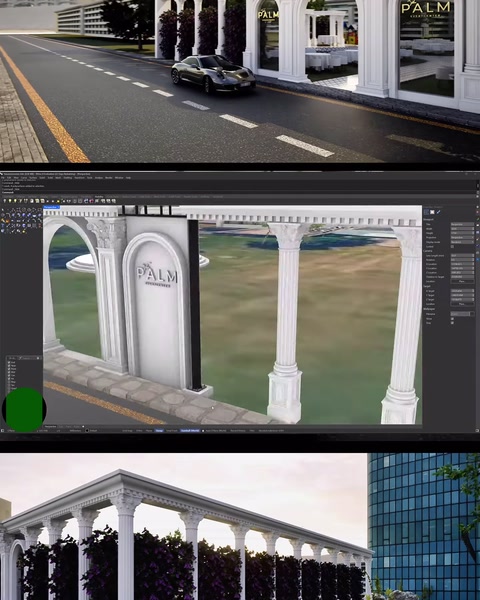 3D tasarım ekranında giriş kemeri ve sütunlu model çalışması