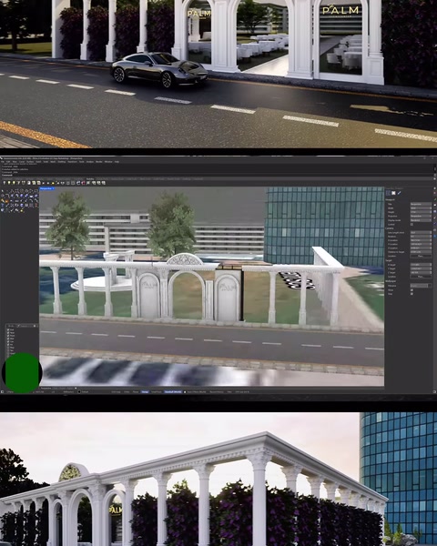 Cam cephe bina önünde kemerli sütun galerisi render görünümü