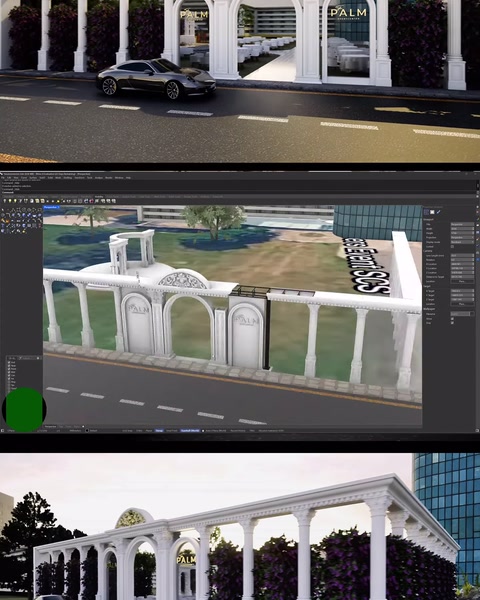 Lüks otomobil ve kemerli sütun galerisi bir arada render görüntüsü
