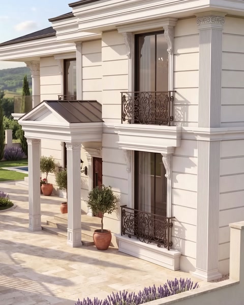Villanın balkon ve sütunlu ön cephe farklı açıdan tasarımı