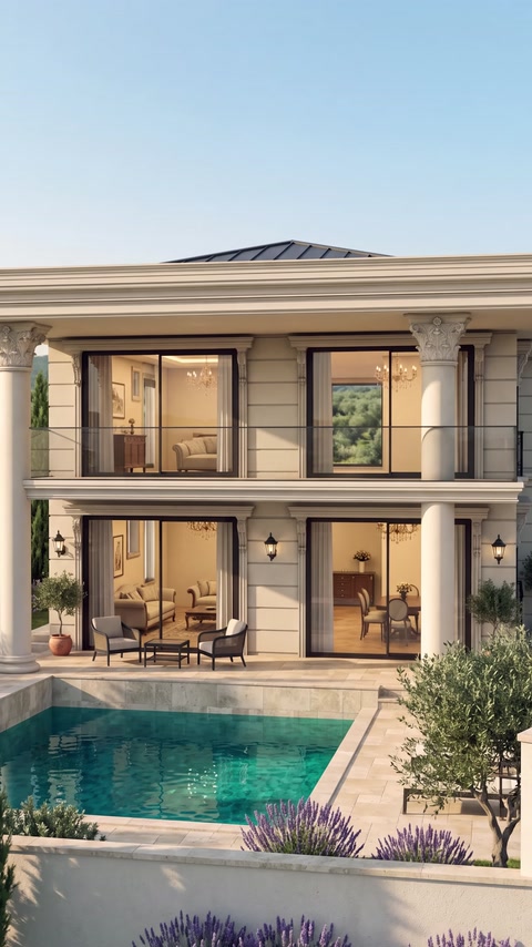 Tamamlanmış villa tasarımı havuz cephesinden bütün olarak görülüyor