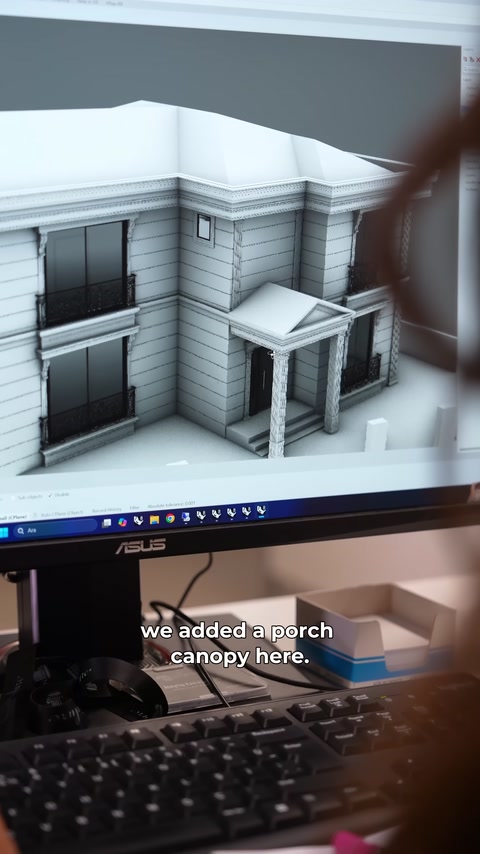Dijital modelde giriş sundurmasının cepheye yerleşimi yakından görülüyor