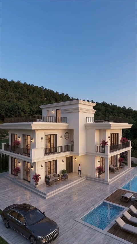 Sade yatay profillerle çevrelenmiş modern iki katlı villa tasarımı