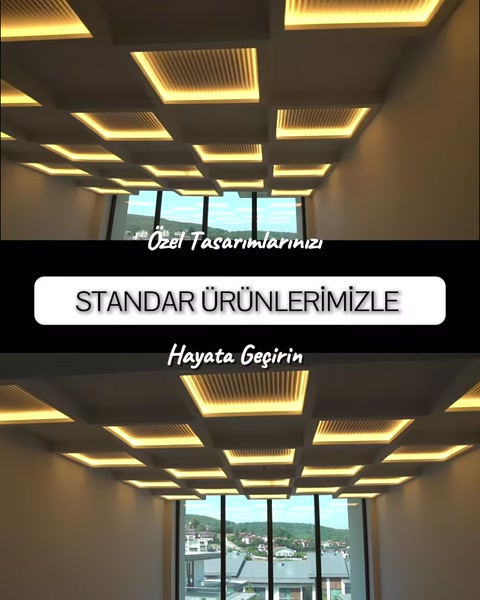 Farklı boyutlardaki ışıklı geometrik armatürler tavanda düzen oluşturuyor