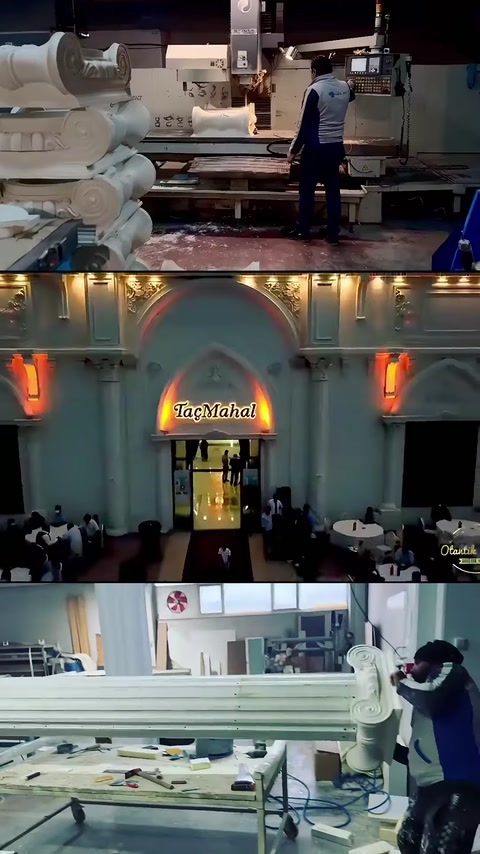 Çalışanlı üretim alanı, aydınlatılmış cephe ve hazır profiller görülüyor.