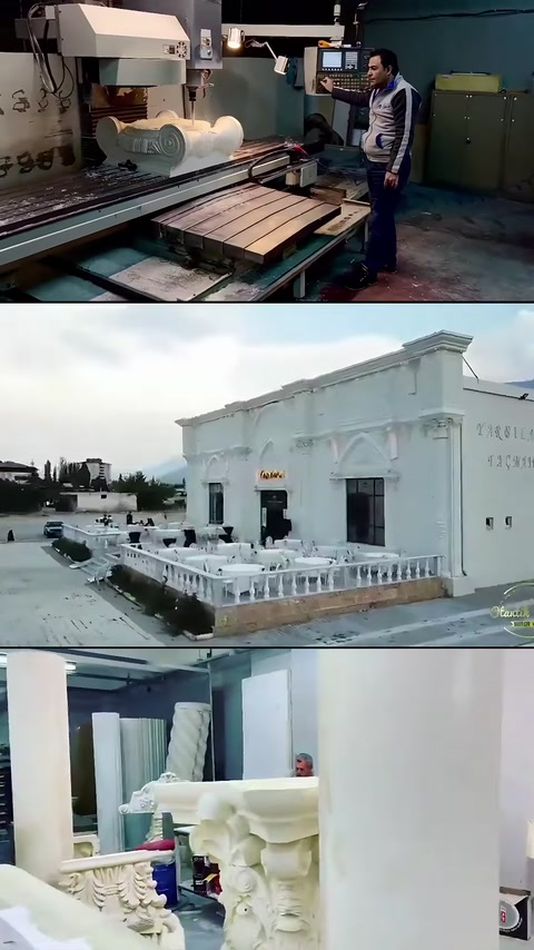 Kesim tezgâhı, yapının köşe cephesi ve dikey profil stokları.