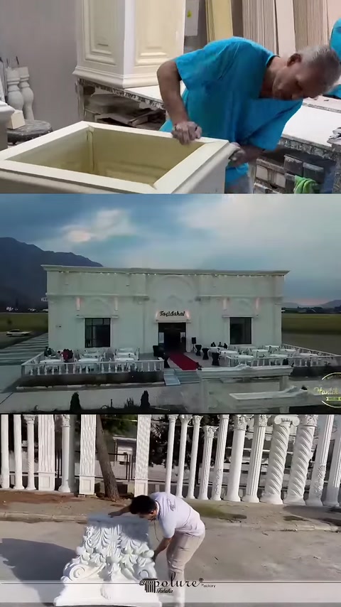 El aletiyle işlenen parça, geniş salon görünümü ve korkuluk dizisi.