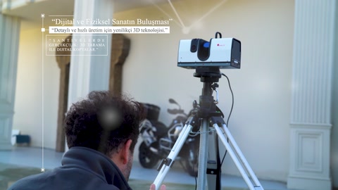 Showroom girişinde sütunlu cephe düzeni 3D tarayıcıyla kayıt altına alınıyor
