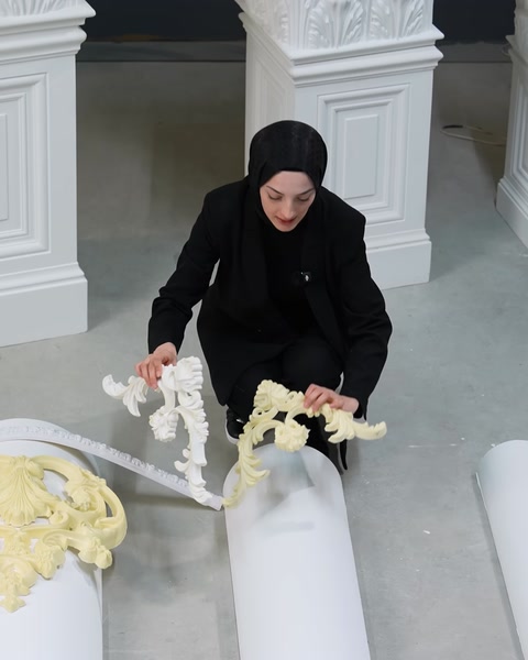 Sütun üzerinde süsleme parçası eğilerek hizalanıyor