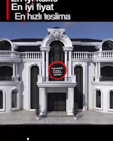 Sütun, kemer ve korkuluklarla tamamlanan özel villa cephe tasarımı