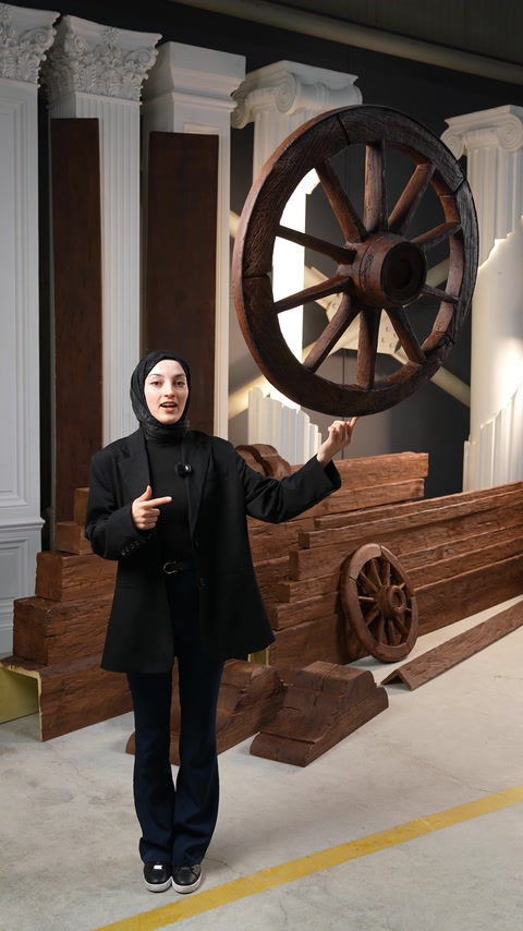 Ahşap görünümlü dekoratif tekerlek ve kiriş modellerinin genel sunumu
