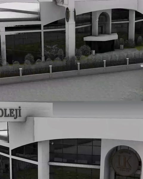 Bilgisayarda kolej binasının beyaz 3D render modeli hazırlanıyor