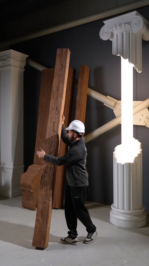 Dekoratif kirişin ahşap dokulu yüzey ayrıntıları yakından inceleniyor