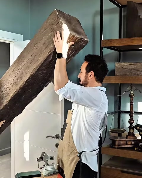 Uzun ahşap görünümlü kirişin çalışma alanına yerleştirilmesi