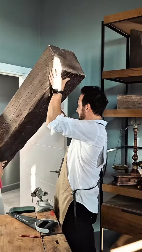 Usta, içi boş ahşap görünümlü kiriş parçasını ışıkta inceliyor.