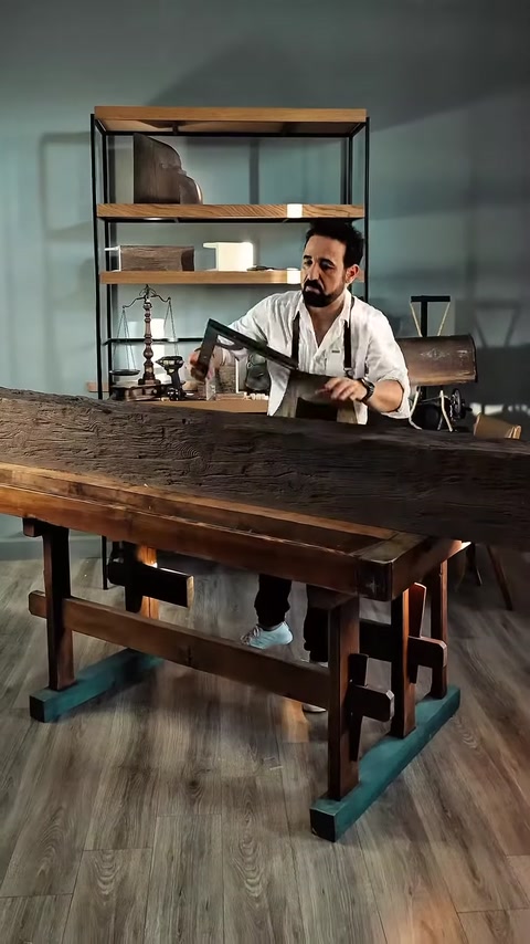 Rustik yüzeyli uzun dekoratif kiriş çalışma tezgâhında inceleniyor.