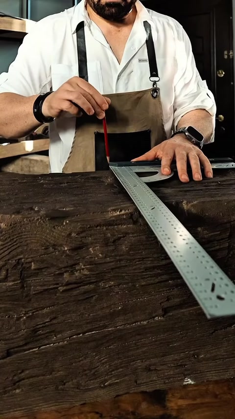 Metal cetvel ve kalemle kiriş yüzeyine kesim çizgisi aktarılıyor.