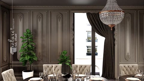 Çıtalı duvar panelleriyle düzenlenmiş klasik ve zarif salon bütünü