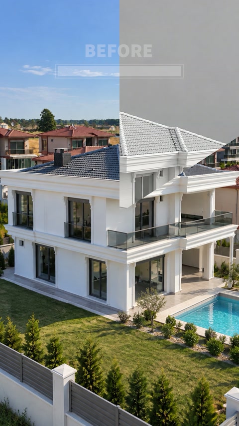 Sütunlu veranda ve balkonları gösteren villa cephe tasarımı