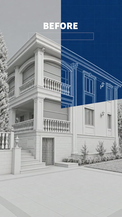Kemerli açıklıklar ve kat silmeleri bulunan beyaz yapı modeli