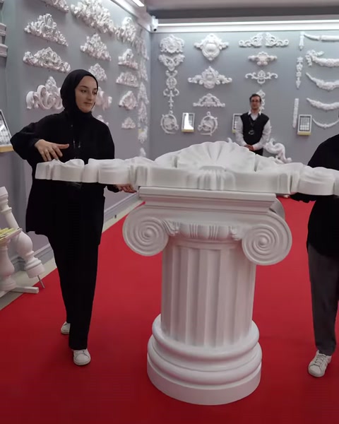 Oluklu sütun üzerinde kıvrımlı, kabartmalı beyaz taç modeli sergileniyor.