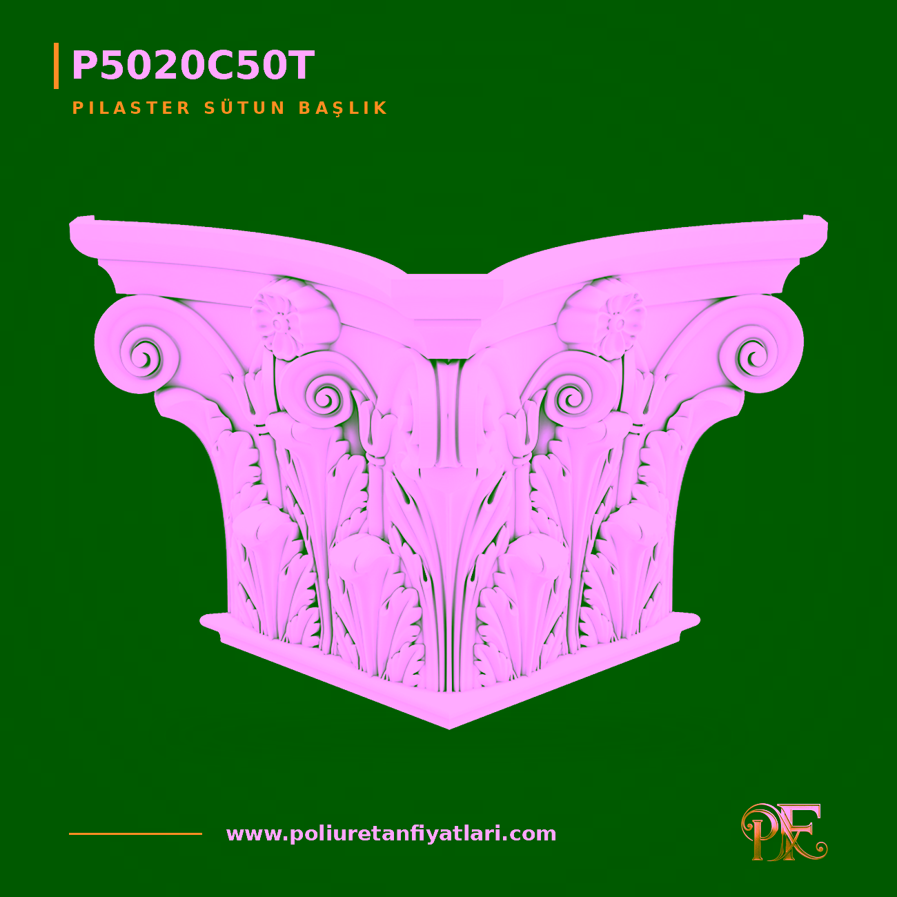 Poliüretan Akant Yapraklı Volütlü Pilaster Sütun Başlığı 230x450x280 mm