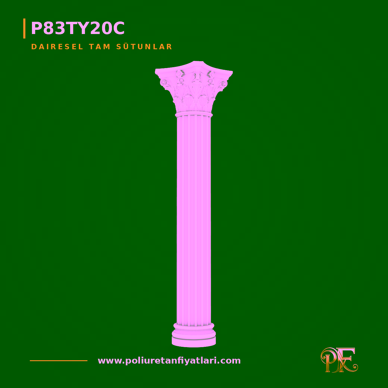 Poliüretan 360x360x2790 mm Yivli Dairesel Tam Sütun Model
